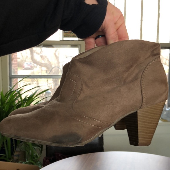Faux suede stacked heel booties • Grayish Tan • 7.5 - 7 1/2 - Picture 4 of 7